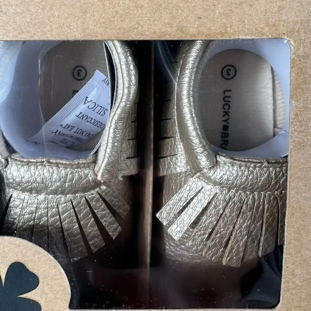 Lucky Brand “Heather” Gold Crib Shoes Fringe Moccasin Style, Size 3 - 6-9 Months